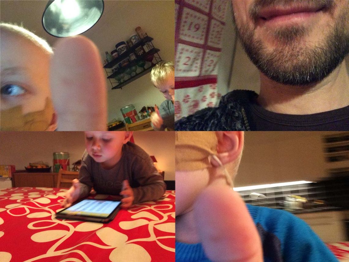 Fyra bilder från köket tagna av Elis - han själv, pappa och Folke.