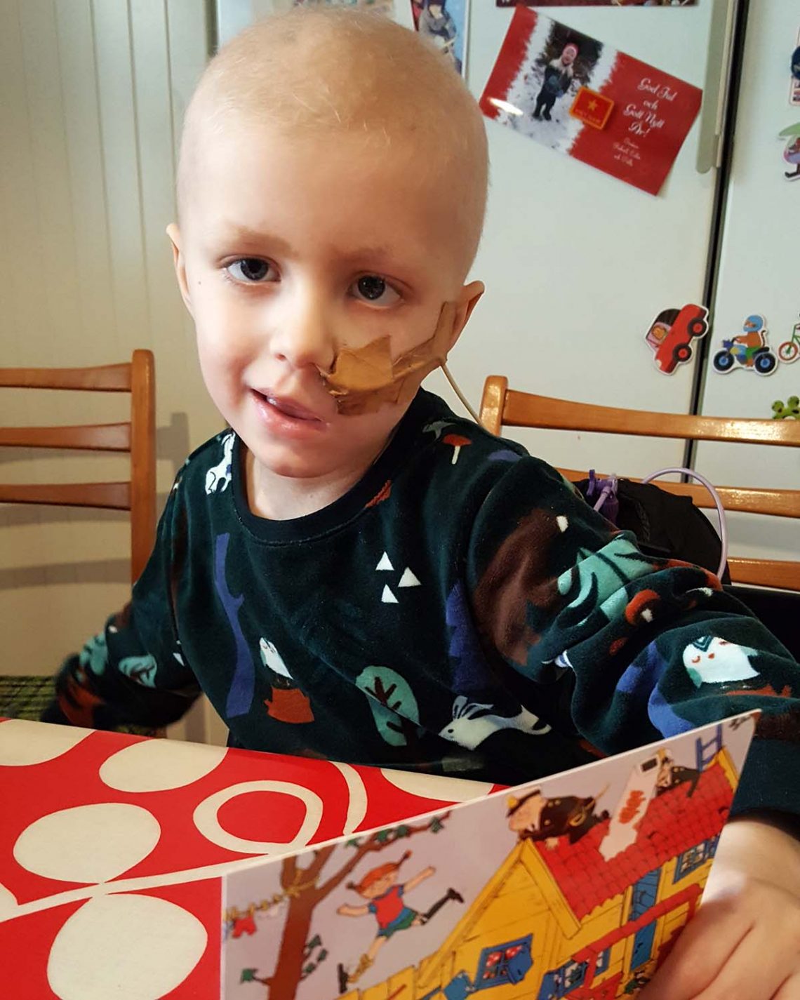 Elis sitter vid köksbordet. Han har fått ett vykort.