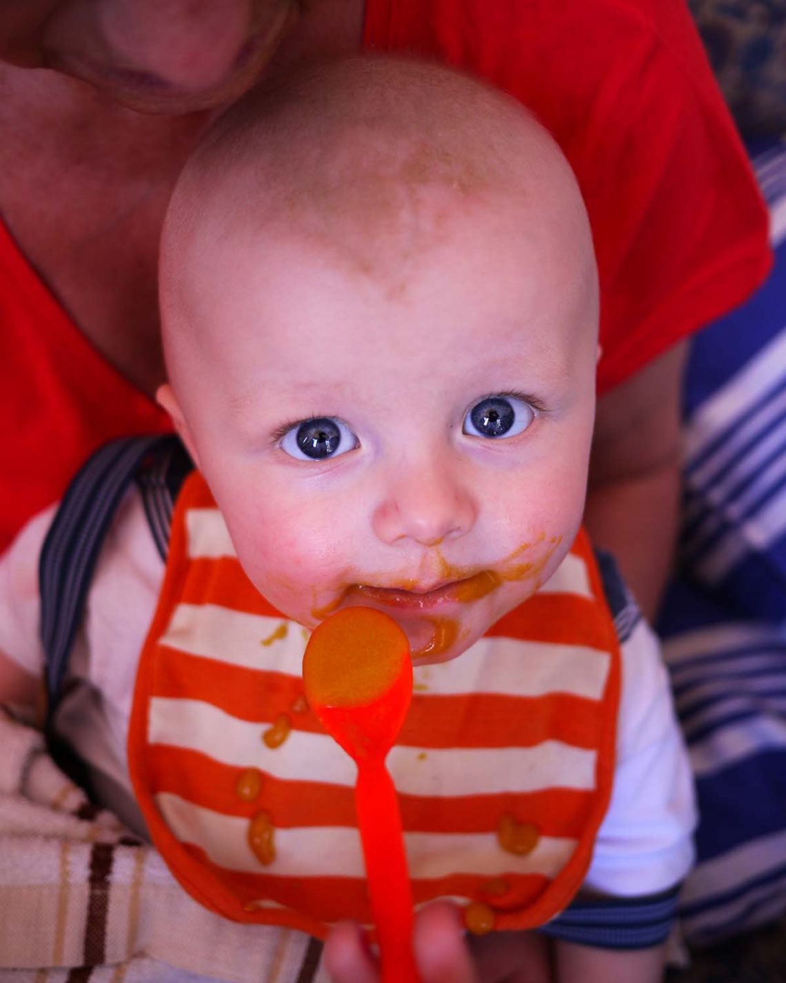 Elis, juni 2013, får mat sittande i mormors knä