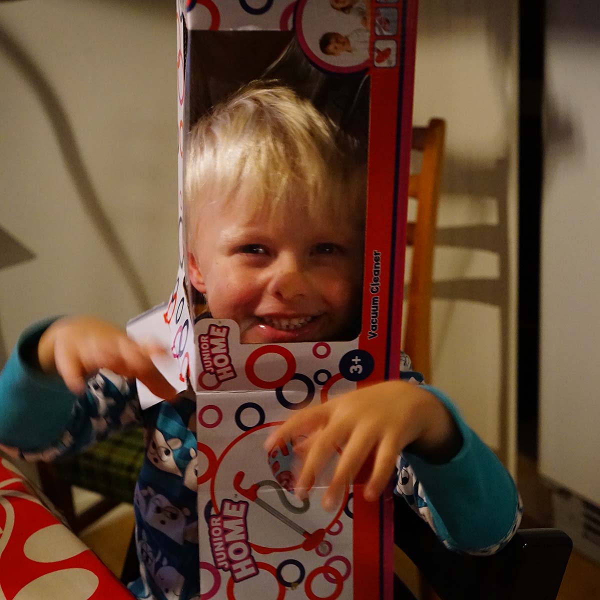 Elis har satt en kartong från en leksaksdammsugare över huvudet