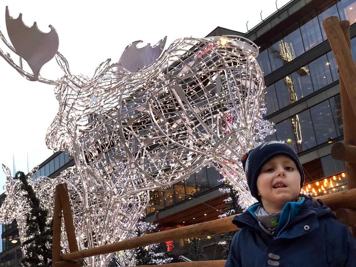 Elis på Sergels Torg, framför en älg av LED-lampor