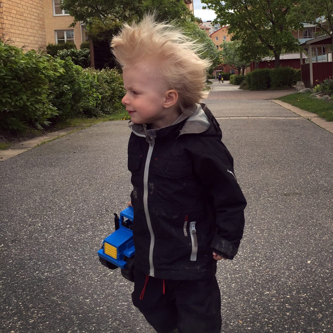 Elis, 23 maj 2015, då en vind fångade hans hårsvall.