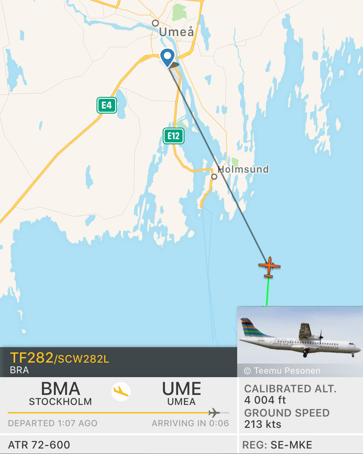 Blid från Flightradar som visar Umeåplanet på väg att landa