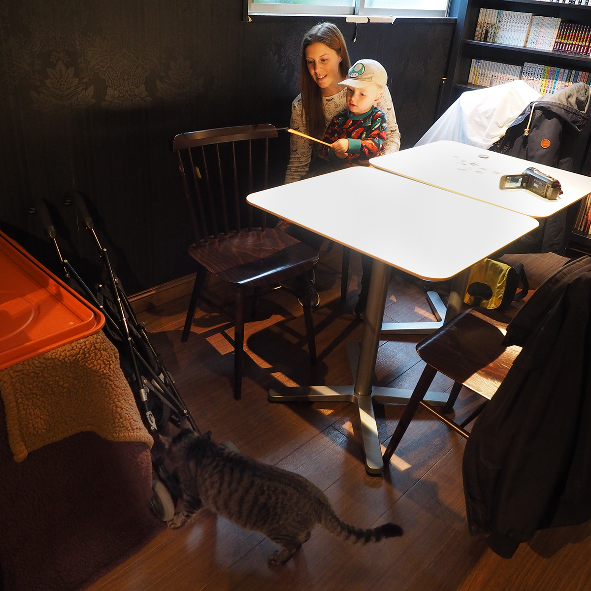 Elis och mamma leker med en av katterna på kattkafét i Tokyo