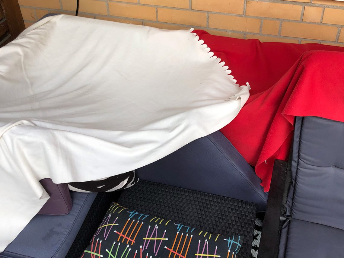 Elis, i en koja i soffan på uteplatsen.