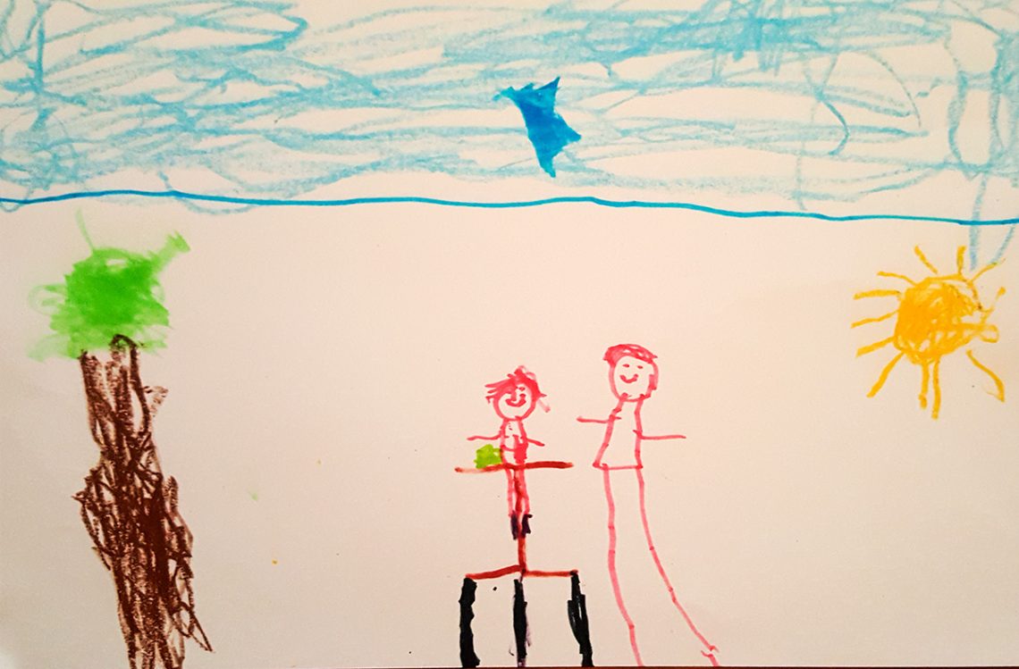 Teckning av Elis föreställande honom själv på lastcykeln, och pappa som springer bredvid