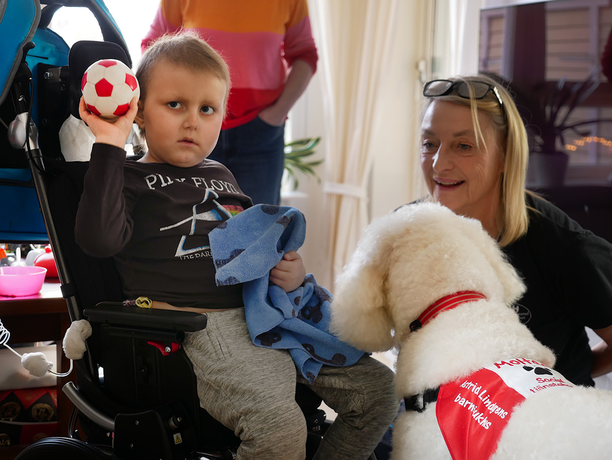 Elis kastar boll med hunden Moltas