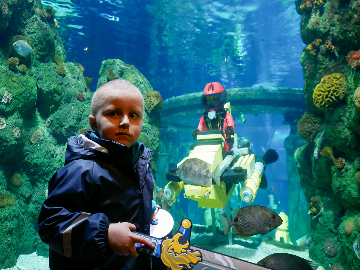 Elis tittar på en undervattensskulptur i Lego inne på Atlantis-akvariet.